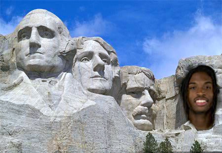 Marcus Thornton joins another Tribe great (Thomas Jefferson, second from the left) atop Mt. Rushmore in the lore of W&M history