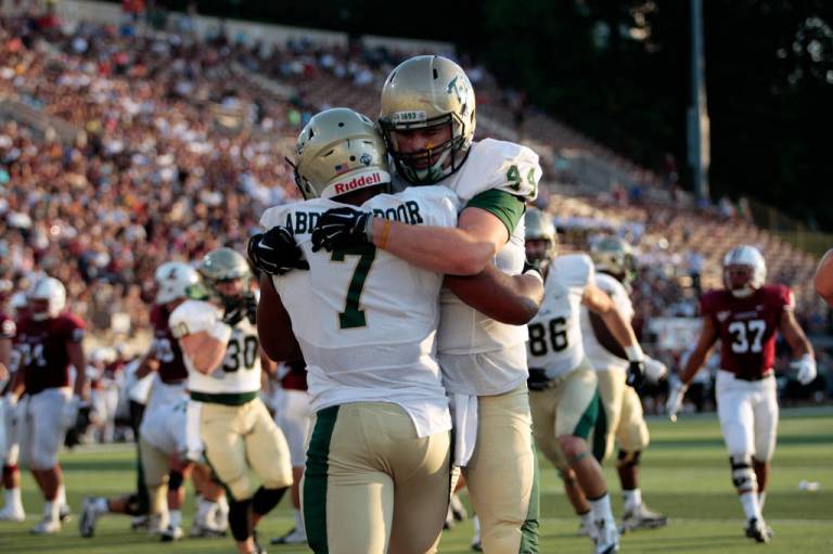 Mikal Abdul-Saboor celebrates a touchdown vs. Lafayette [via tribeathletics.com]