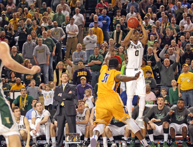 "The Shot," which will forever live in infamy. Daniel Dixon's last-second, game winning 3 point shot vs. Hofstra in the 2015 CAA Tournament. [photo: tribeathletics.com]