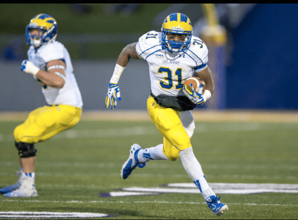 RB Wes Hills currently leads the entire CAA in rushing yards per game. [photo: bluehens.com]